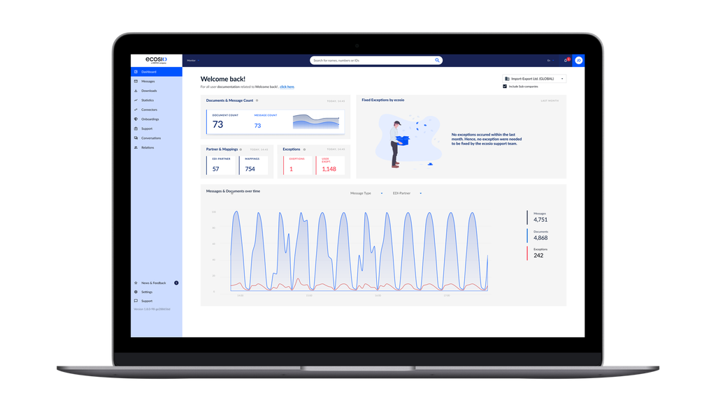 Ein Laptop-Bildschirm, auf dem ein Dashboard mit Statistiken, Diagrammen und Meldungen angezeigt wird. Die Benutzeroberfläche ist modern gestaltet und verfügt über ein Seitenmenü auf der linken Seite.