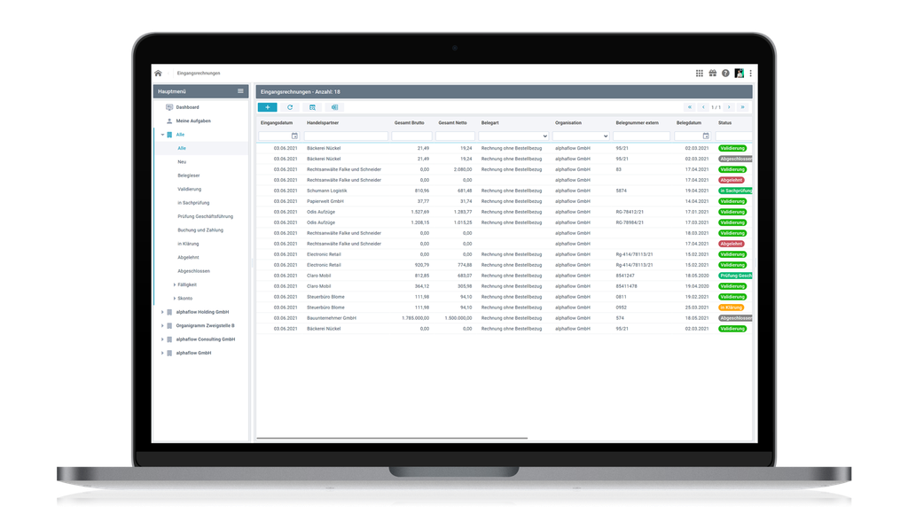 Ein Laptop, auf dem ein Projektmanagement-Dashboard mit einer Liste von Aufgaben, Terminen und Statusanzeigen in verschiedenen Farben angezeigt wird.