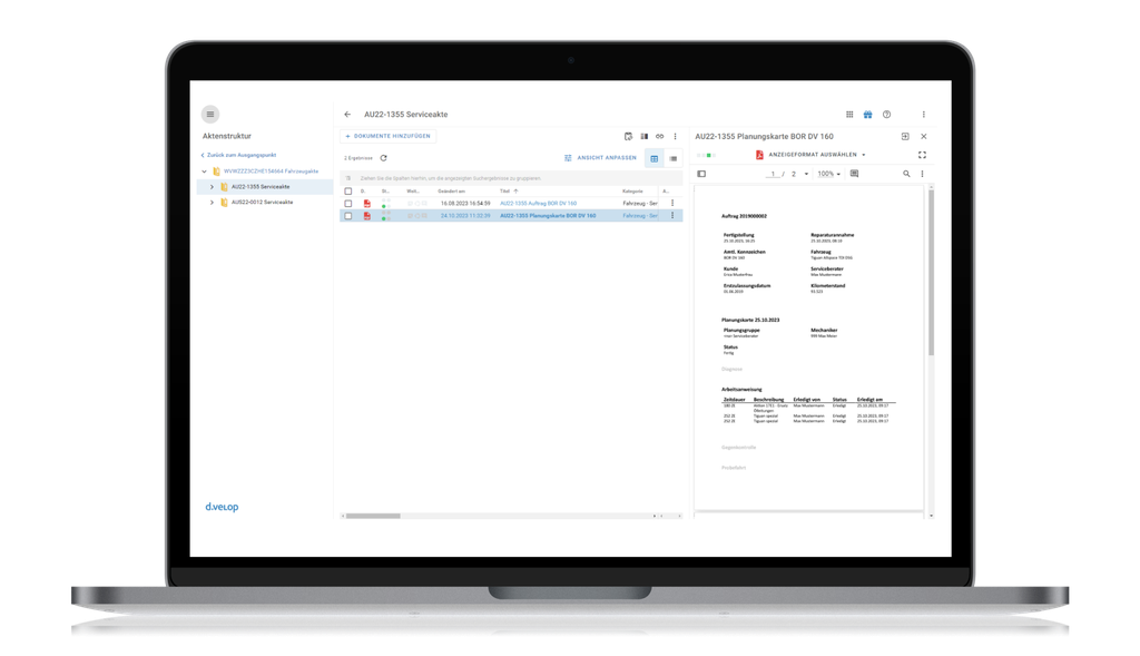 Ein Laptop, auf dem die Benutzeroberfläche eines Dokumentenmanagementsystems zu sehen ist, mit E-Mail-Ordnern auf der linken Seite und einer Nachrichtenvorschau auf der rechten Seite.