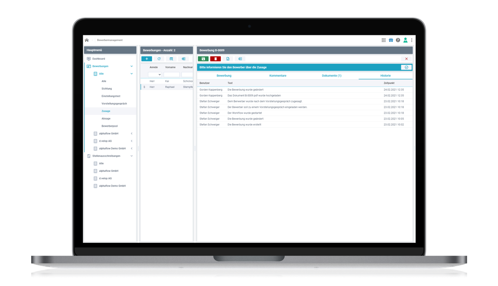 Laptop displaying a task management software interface with a navigation menu on the left and a task list with details on the right.