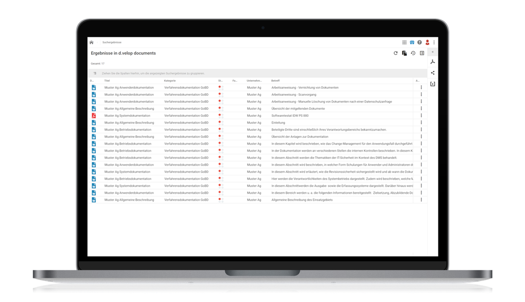 Ein Laptop-Bildschirm, auf dem ein Dokumentenverwaltungssystem mit einer Liste von Dateien, Kategorien, Prioritätsstufen und Aktionen angezeigt wird.