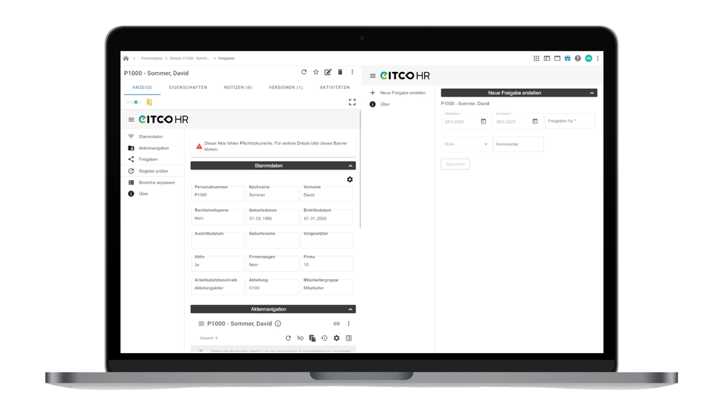 Laptop, auf dem die Benutzeroberfläche einer Personalverwaltungssoftware mit Mitarbeiterdaten und Projektinformationen angezeigt wird.