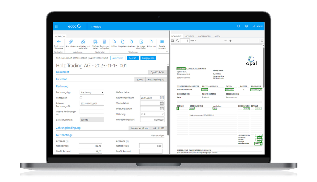 Laptop-Bildschirm, auf dem eine Rechnungsmanagement-Software mit einem detaillierten Rechnungslayout, Symbolleisten und Navigationsmenüs angezeigt wird.