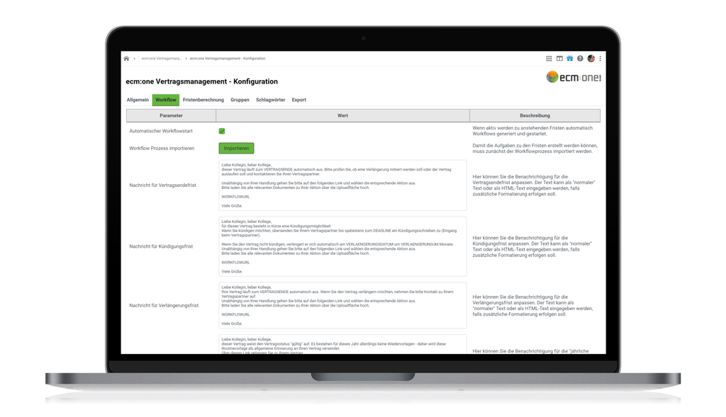 Ein Laptop, auf dem eine Softwareoberfläche zur Konfiguration des Vertragsmanagements mit Registerkarten und detaillierten Einstellungen angezeigt wird.