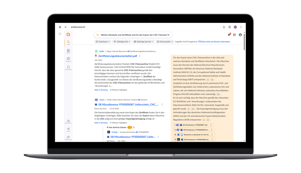 Laptop-Bildschirm, auf dem eine Websuche auf ambersearch angezeigt wird, mit Textergebnissen und einer Seitenleiste, die verwandte Themen und Kategorien anzeigt.