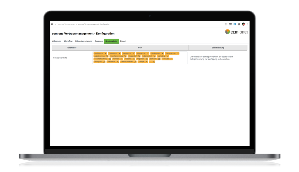 Ein Laptop-Bildschirm, auf dem eine Konfigurationsoberfläche für das Vertragsmanagement mit hervorgehobenen Parametern und Text angezeigt wird.
