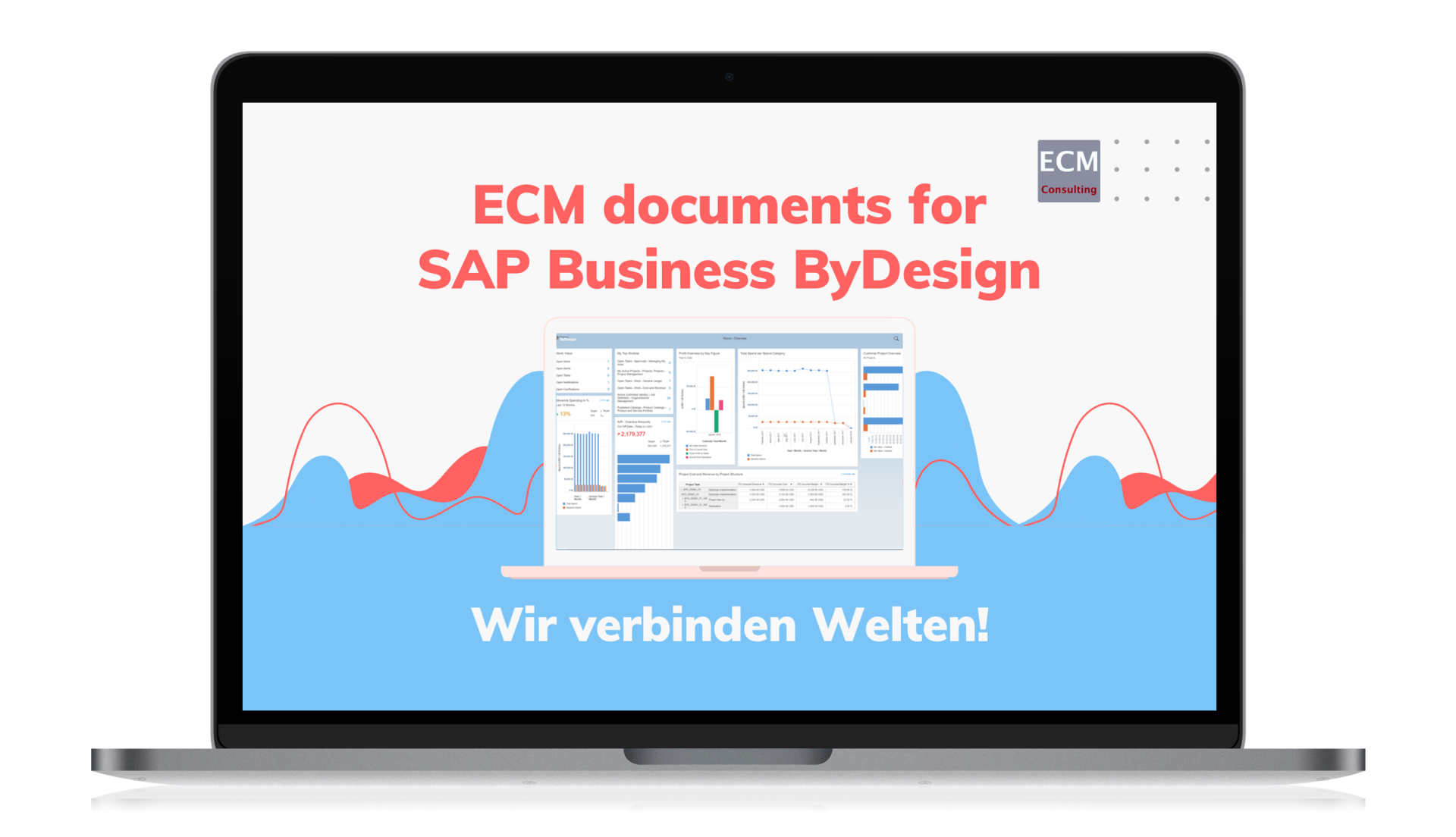 Laptop, auf dem ECM-Dokumente für SAP Business ByDesign angezeigt werden, mit dem Text „Wir verbinden Welten!“ und dem ECM Consulting-Logo.