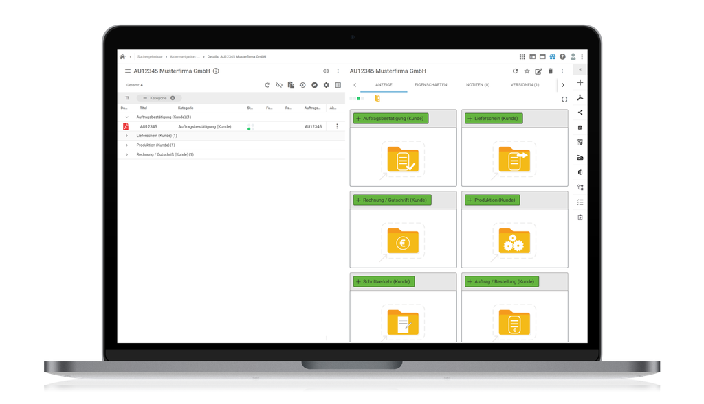 Laptop displaying a document management system with folders labeled for various customer tasks, including orders and invoices.
