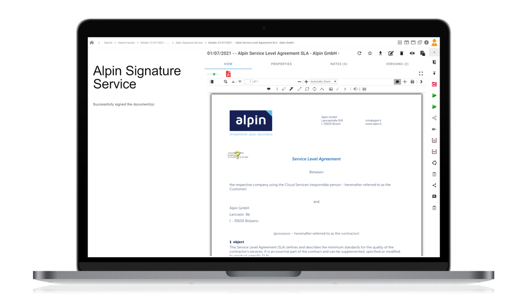 Laptop, auf dem eine digitale Dokumentbearbeitungsoberfläche mit dem Titel „Alpin Signature Service“ und einer geöffneten Service-Level-Vereinbarung angezeigt wird.