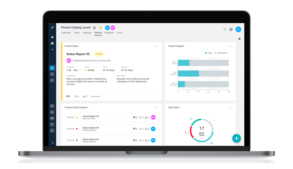 Laptop-Bildschirm mit einem Projektmanagement-Dashboard mit Diagrammen, Aufgabenstatus und einem Zeitplan für die Einführung eines Produktkatalogs.