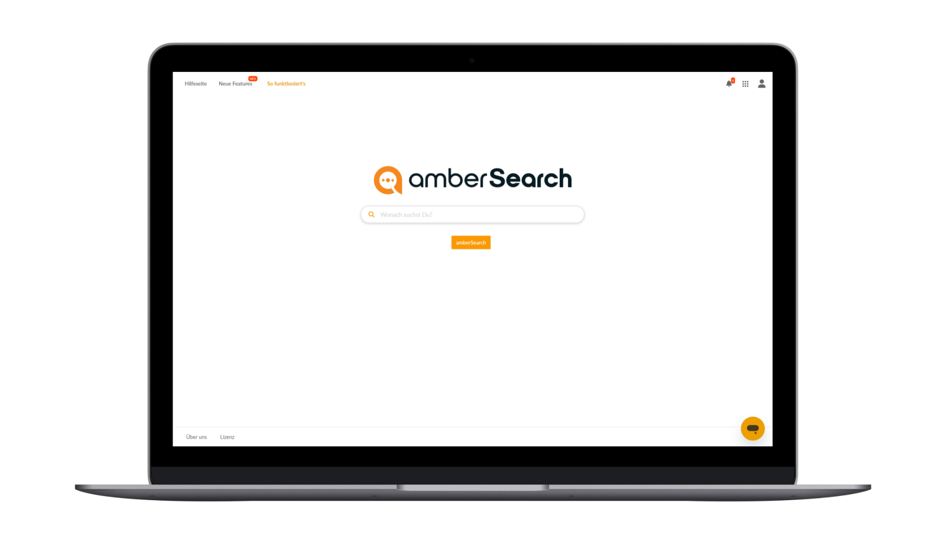 Laptop displaying amberSearch homepage with a search bar and logo. Navigation links at the top and bottom corners.