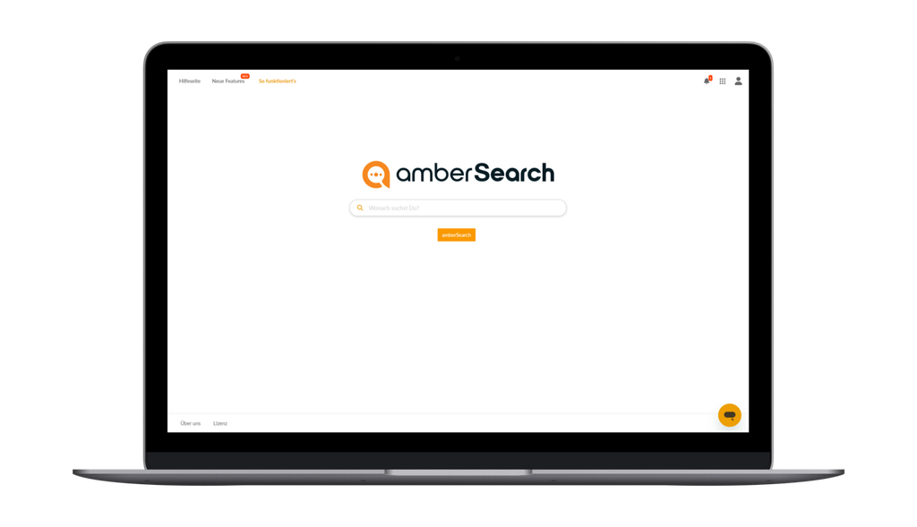 Laptop displaying amberSearch homepage with a search bar and logo. Navigation links at the top and bottom corners.