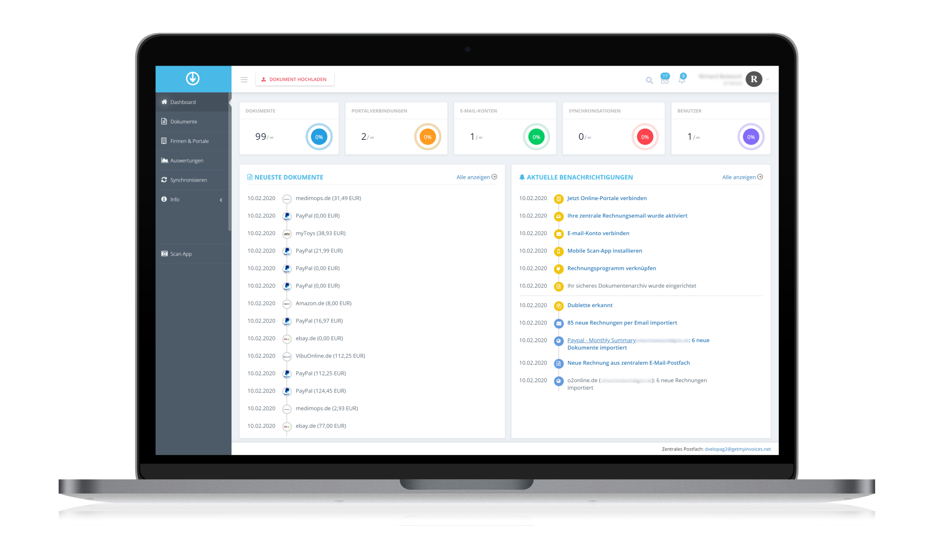 Ein Laptop, auf dem ein Dashboard mit Symbolen sowie eine Liste von Dokumenten und Benachrichtigungen angezeigt wird, die nach farbigen Kategorien geordnet sind.