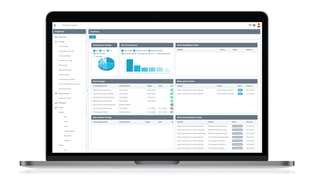 Laptop displaying a contract management dashboard with charts, lists, and navigation menu.