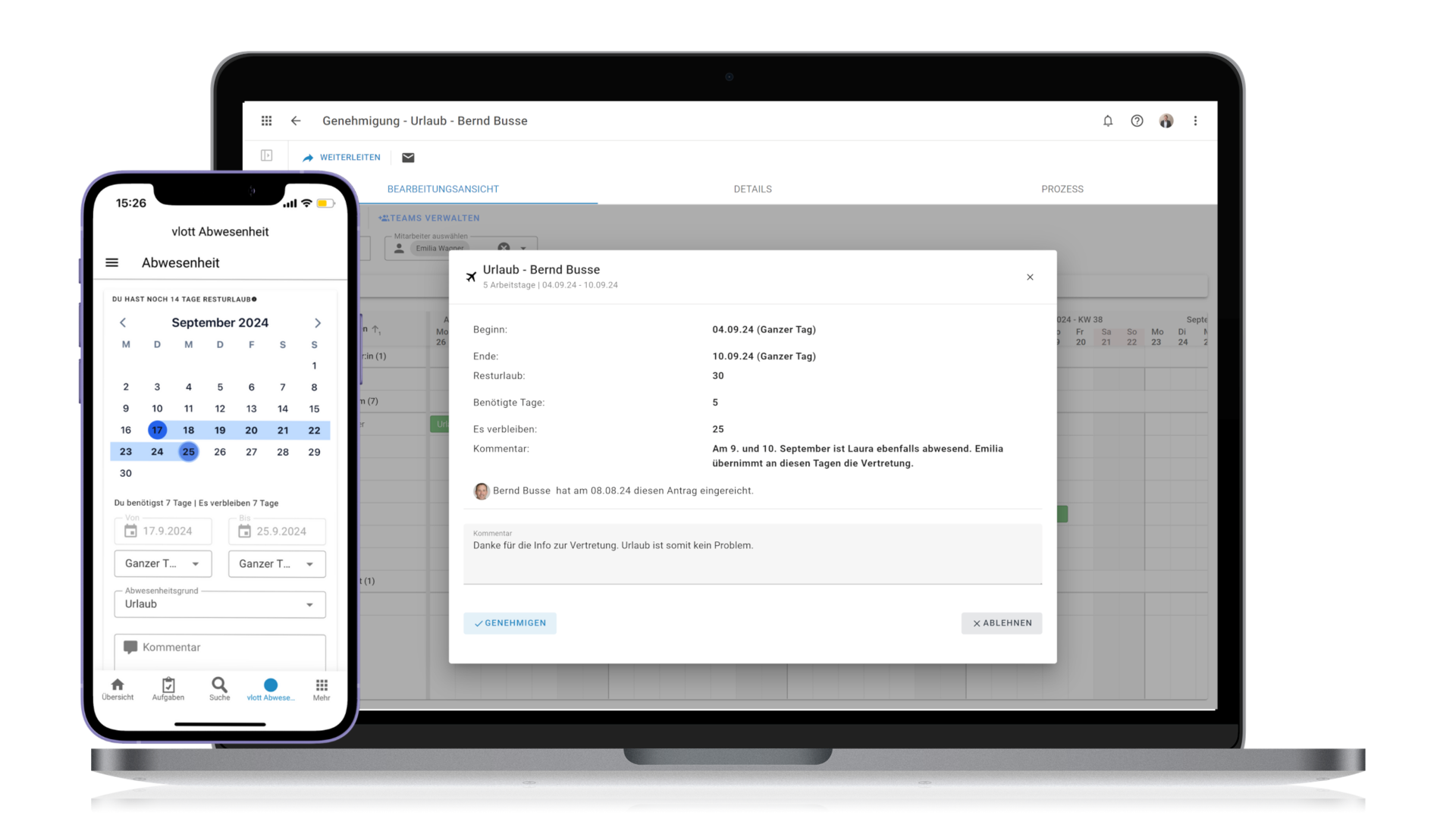 Auf einem Smartphone und einem Laptop ist eine Kalender-App zu sehen, wobei auf dem Laptop-Bildschirm eine Detailansicht eines Urlaubsantragsformulars angezeigt wird.