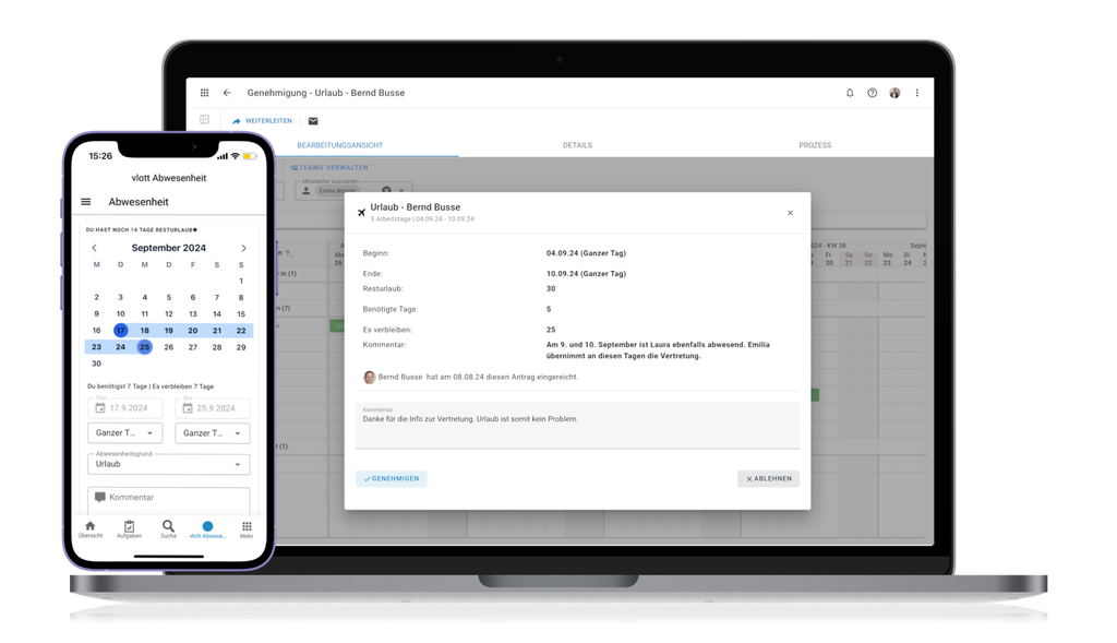 Auf einem Smartphone und einem Laptop ist eine Kalender-App zu sehen, wobei auf dem Laptop-Bildschirm eine Detailansicht eines Urlaubsantragsformulars angezeigt wird.