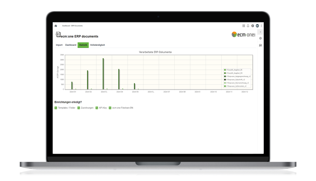 Laptop, auf dem in einer Software-Oberfläche ein Balkendiagramm mit Dokumentdaten angezeigt wird, mit Registerkarten für „Dashboard“, „Tickets“ und „Verbindlichkeiten“.