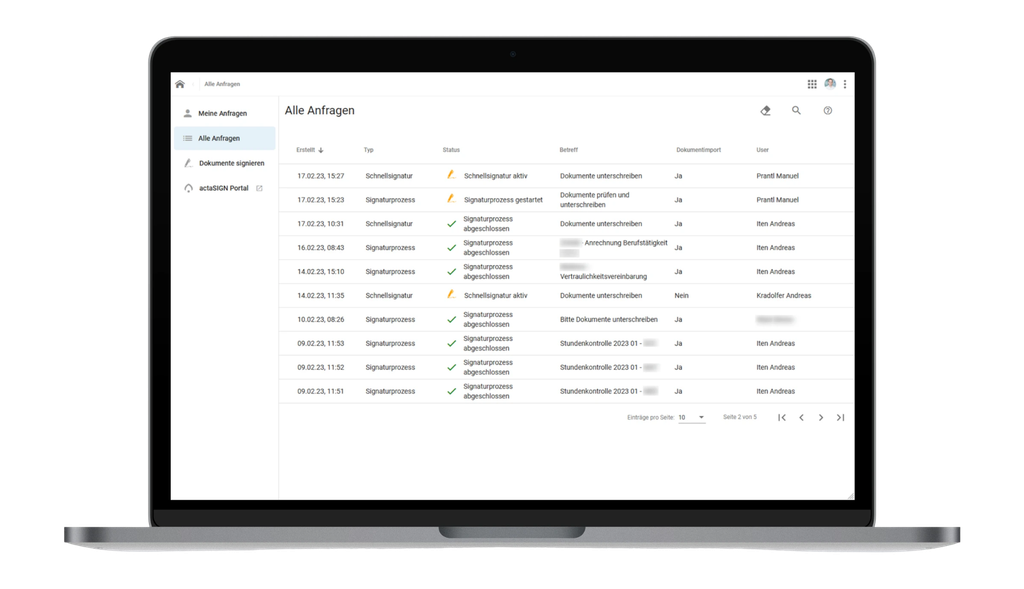 Laptop, auf dem ein Dashboard mit einer Liste von Dokumentenanfragen, Daten, Typen und Status in deutscher Sprache sowie Symbolen für Navigation und Einstellungen angezeigt wird.