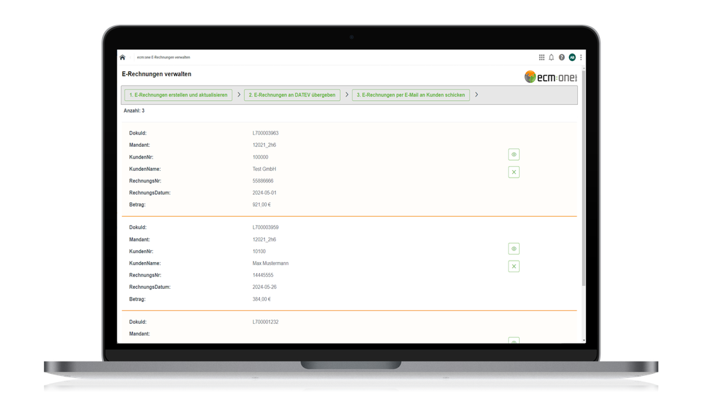 Ein Laptop-Bildschirm, auf dem eine Softwareoberfläche zur Verwaltung von E-Rechnungen angezeigt wird, mit Optionen zur Überprüfung, zum Datenexport und zur Weiterleitung per E-Mail.