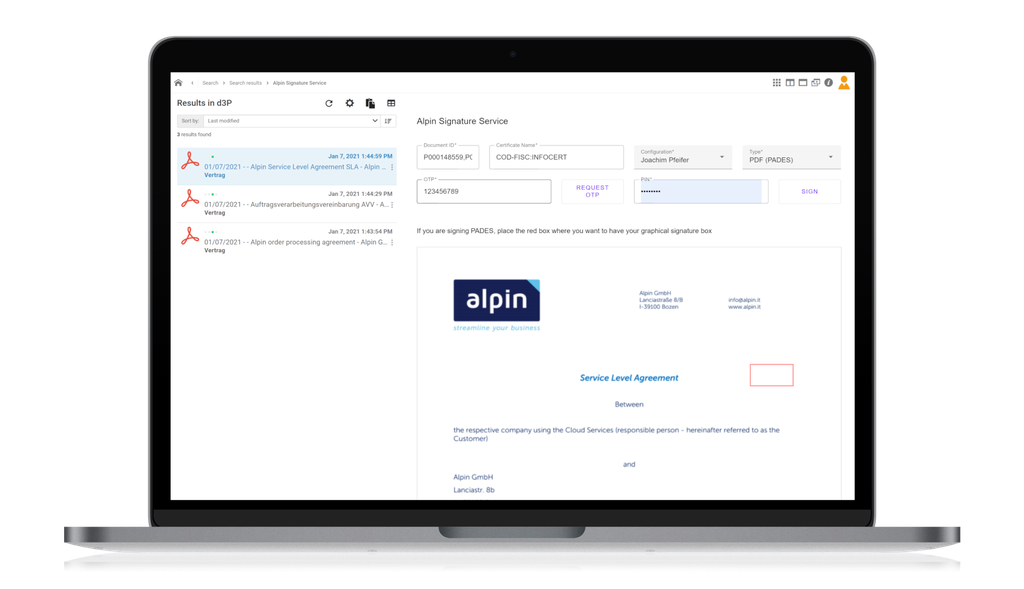 Ein Laptop, auf dem eine digitale Dokumentenschnittstelle mit Suchergebnissen, ein PDF-Viewer und der Titel „Alpin Signature Service“ angezeigt werden.