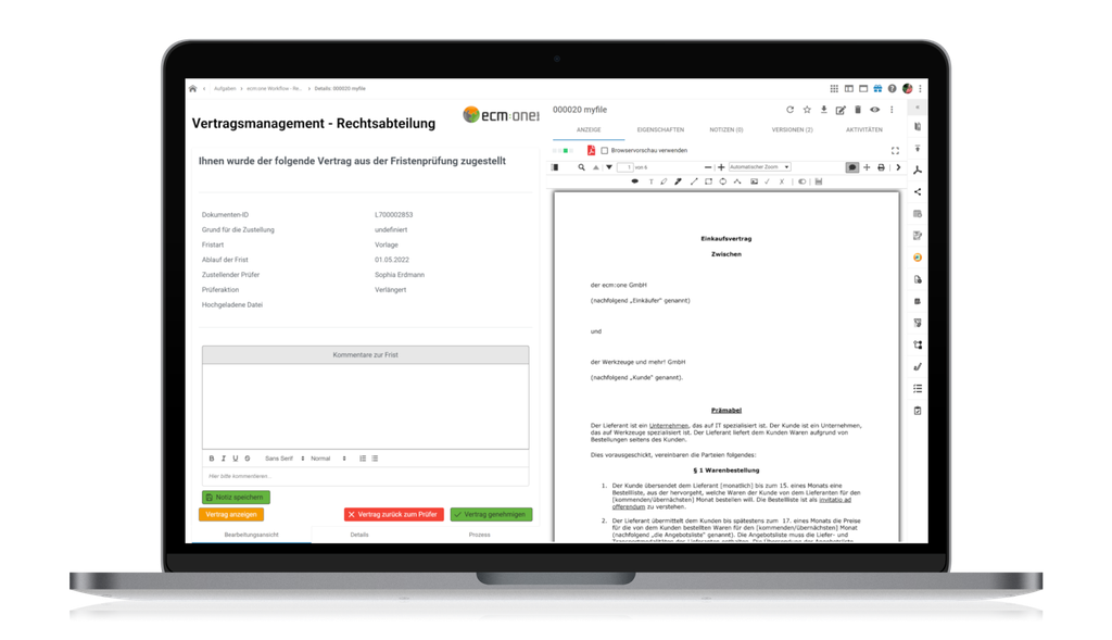 Ein geöffneter Laptop, auf dem eine Vertragsverwaltungssoftware zu sehen ist, mit Formularfeldern auf der linken Seite und einem Dokumenteneditor auf der rechten Seite.