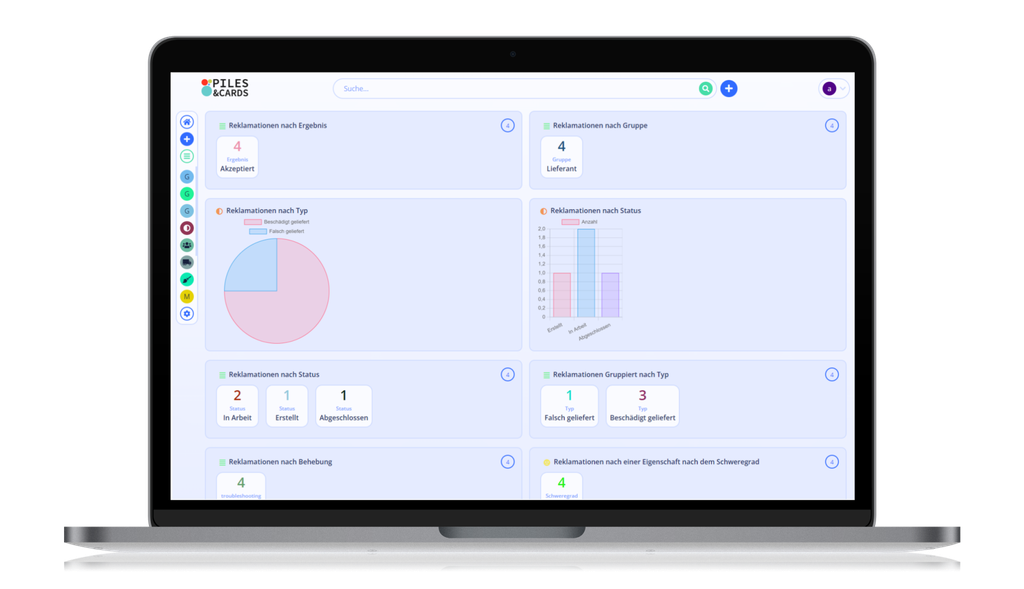 Laptop screen displaying a dashboard with various charts and statistics for claims, including pie charts and bar graphs.