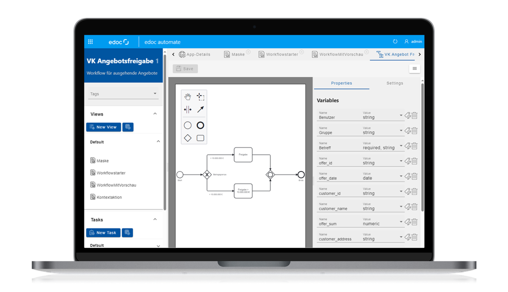 Ein Laptop, auf dem ein Tool zur Automatisierung von Arbeitsabläufen angezeigt wird, mit einem Flussdiagramm in der Mitte und variablen Einstellungen auf der rechten Seite.