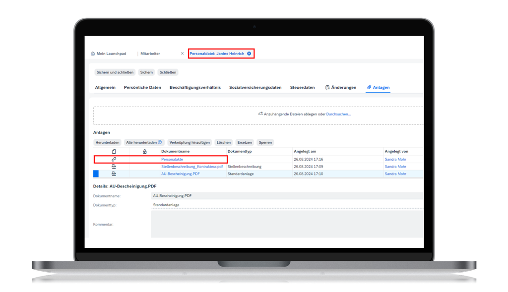 Laptop-Bildschirm, auf dem eine Webseite mit den hervorgehobenen Abschnitten „Personalakte Janine Niemiec“ und einer Tabelle mit Dokumentdetails angezeigt wird.