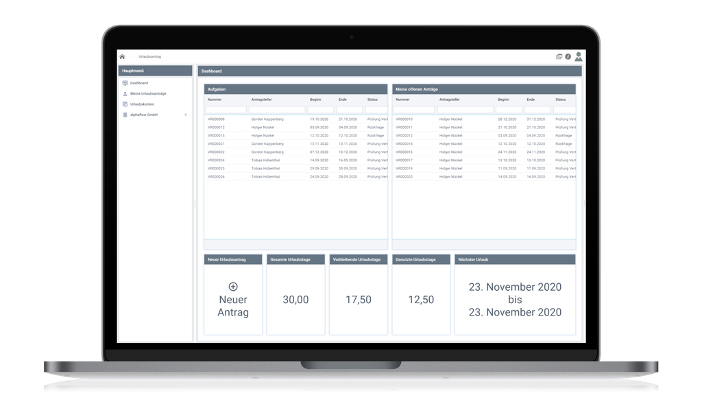 A laptop displaying a dashboard interface with tables, graphs, and German text on a gray and white theme.