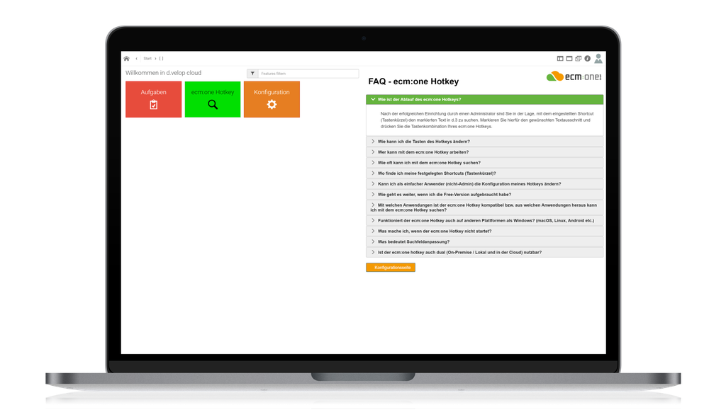 Laptop displaying a FAQ page for "ecm:one Hotkey" with a list of questions and color-coded task buttons.