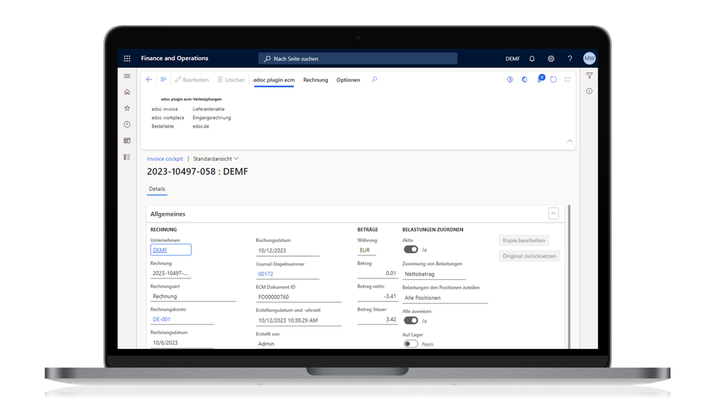 A laptop displays a finance and operations interface with invoice details and options for editing and categorizing payments.