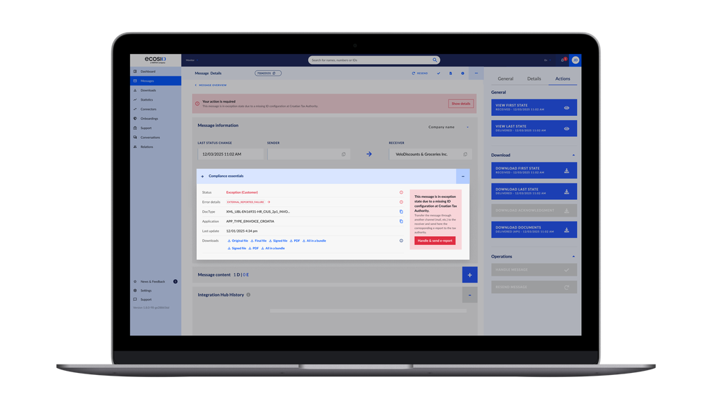 Laptop-Bildschirm, auf dem eine Software-Oberfläche mit einer Meldung angezeigt wird, die zum Handeln auffordert, da die ID-Konfiguration für die kroatische Steuerbehörde fehlt.