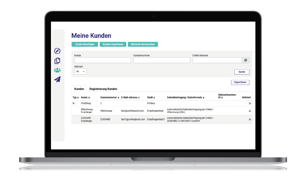 Laptop, auf dem eine Kundenverwaltungsschnittstelle mit dem Titel „Meine Kunden“ angezeigt wird, die eine Liste von Kunden mit Details wie Kundennummer und E-Mail-Adresse enthält.