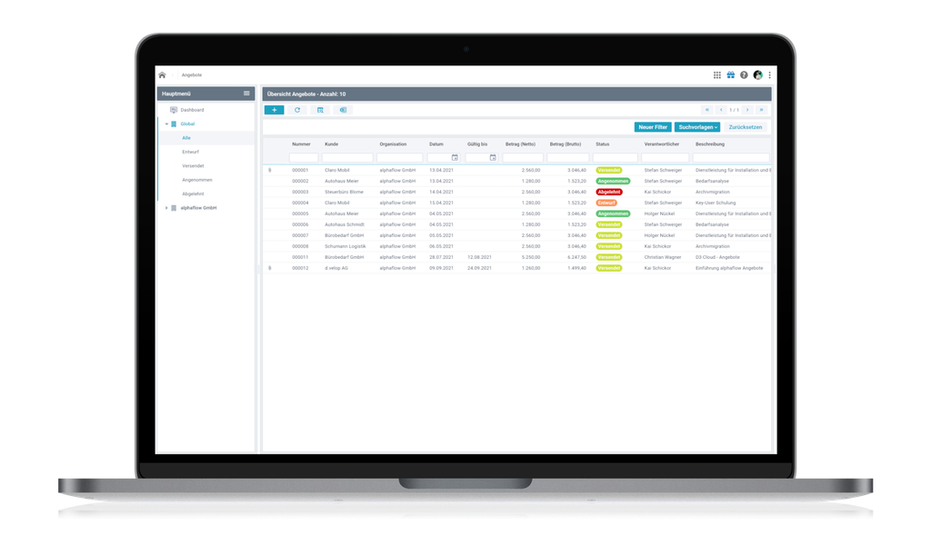 Auf einem Laptop ist eine Softwareoberfläche zu sehen, die ein Dashboard mit einer Tabelle, Filtern und farbcodierten Anzeigen für das Aufgabenmanagement enthält.