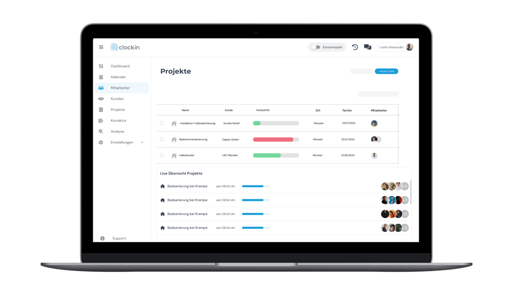 Laptop screen displaying a project management dashboard with progress bars, project details, and team member icons.