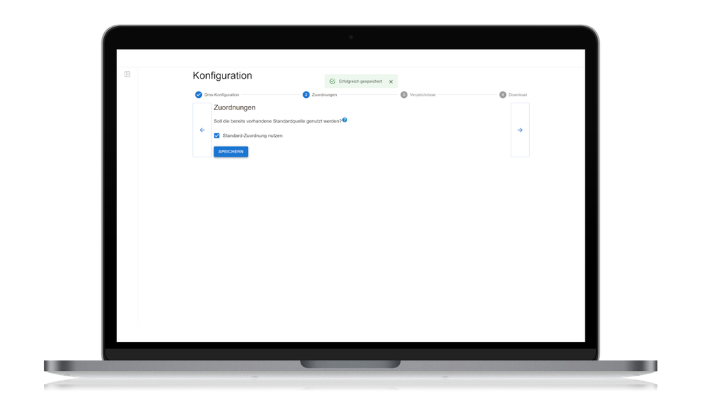 Laptop-Bildschirm mit einer Konfigurationsseite in deutscher Sprache, auf der die Option zum Speichern der Einstellungen mit einer blauen Schaltfläche „Speichern“ angezeigt wird.