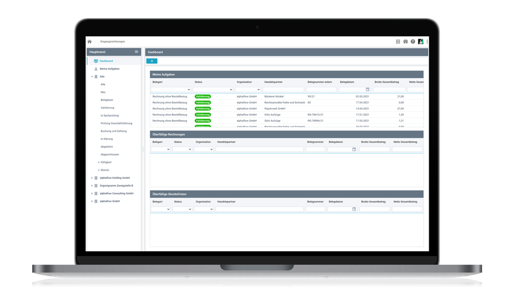 Ein Laptop, auf dem ein Dashboard mit Tabellen angezeigt wird, darunter Spalten für Projektdetails, Fristen und den Fortschritt, der grün hervorgehoben ist.