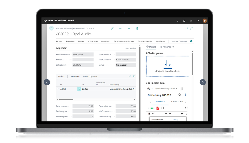 Ein Laptop, auf dem Dynamics 365 Business Central mit einem Bestellformular und einer ECM-Dropzone-Schnittstelle angezeigt wird. Text- und Datenfelder sind sichtbar.