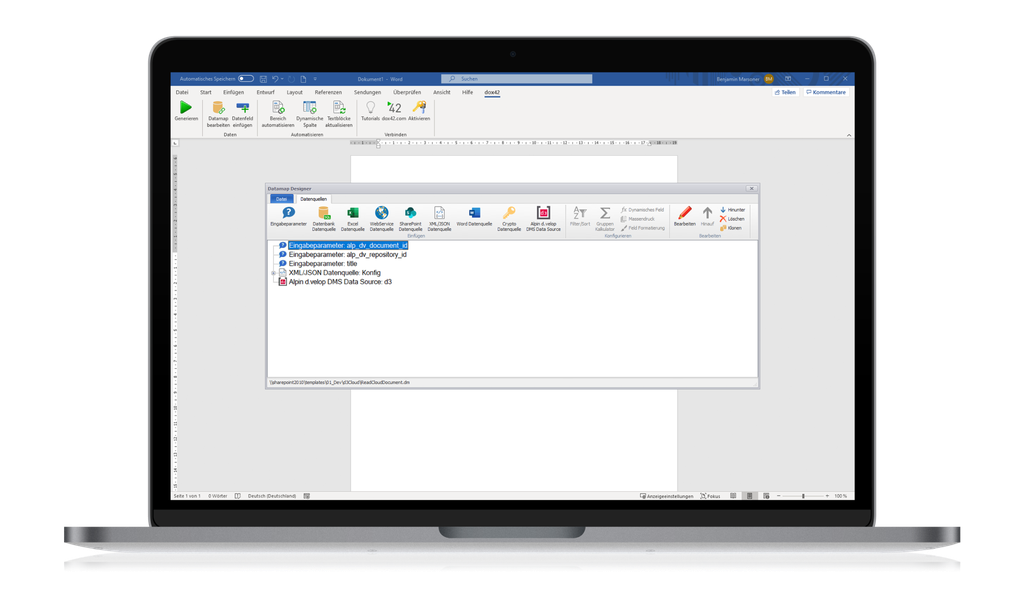 Laptop, auf dem ein Word-Dokument mit einem geöffneten EndNote-Zitationsmanager-Fenster angezeigt wird, das verschiedene Optionen und Tools zur Verwaltung von Zitaten präsentiert.