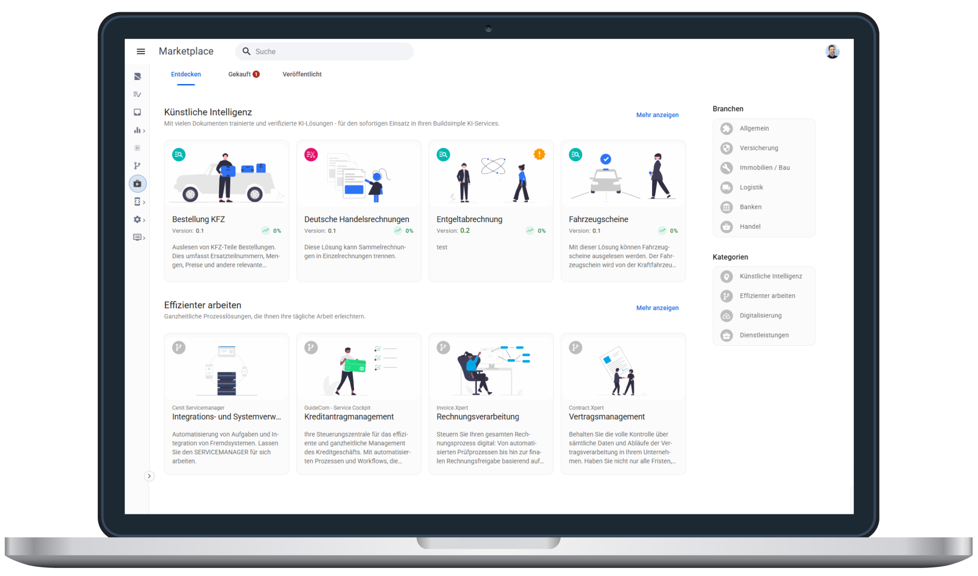 Laptop mit einem digitalen Dashboard mit verschiedenen Symbolen und Kategorien wie künstliche Intelligenz und Produktivitätswerkzeuge.