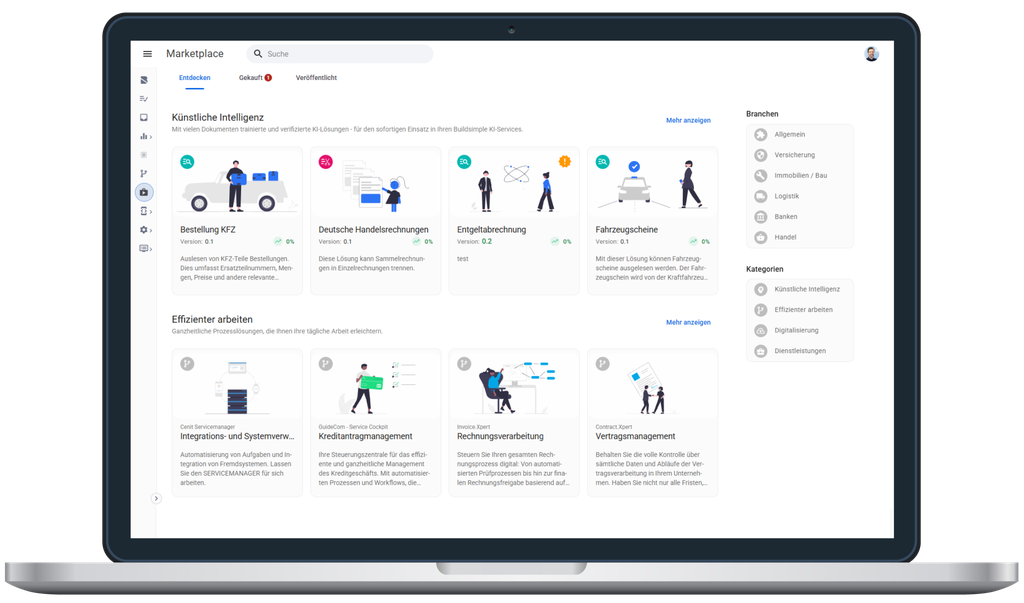 Laptop mit einem digitalen Dashboard mit verschiedenen Symbolen und Kategorien wie künstliche Intelligenz und Produktivitätswerkzeuge.