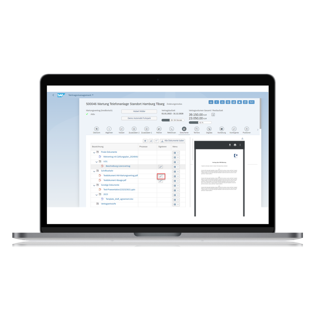 Laptop, auf dem eine Unternehmensverwaltungssoftware mit einer Datentabelle und einer geöffneten Dokumentvorschau auf der rechten Seite angezeigt wird.