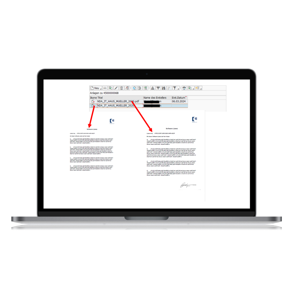 Laptop, auf dem ein digitales Dokument mit roten Pfeilen angezeigt wird, die auf zwei Abschnitte zeigen. Das Dokument scheint einen formellen Text und ein Logo zu enthalten.