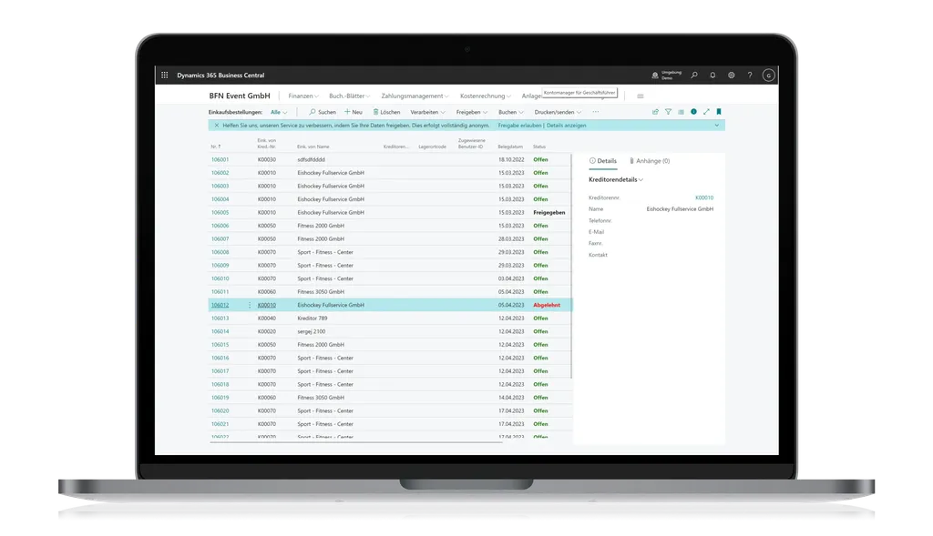 Laptop-Bildschirm, auf dem das Dashboard einer Finanzsoftware mit mehreren Zeilen Transaktionsdaten und einer Seitenleiste mit Details auf der rechten Seite zu sehen ist.