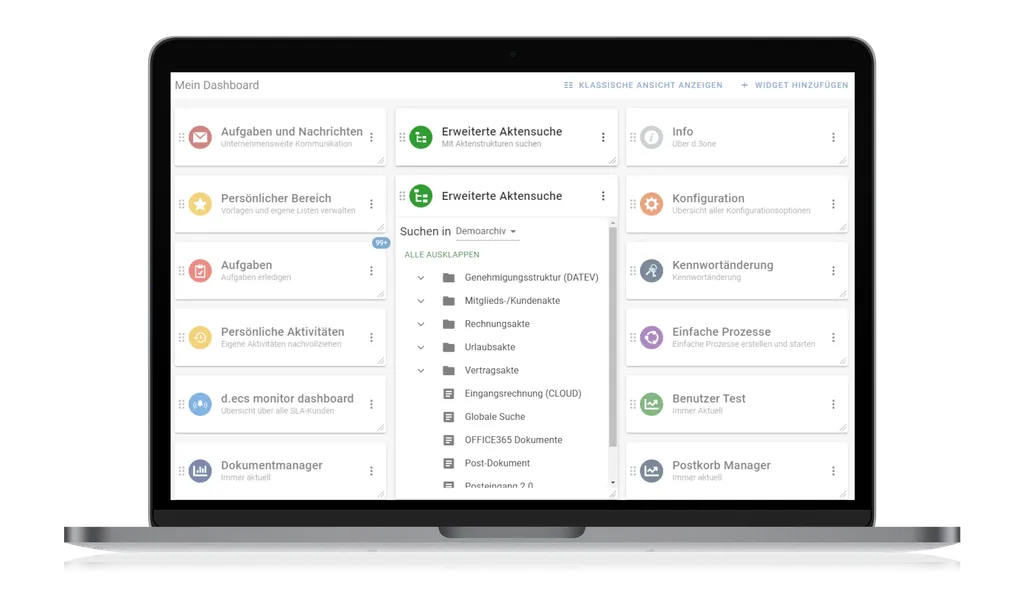 Laptop displaying a German dashboard interface with task management, document search, and configuration widgets.