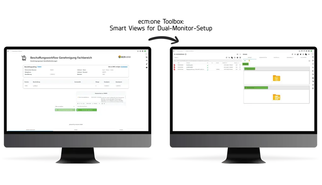 Zwei Computermonitore, auf denen Software-Oberflächen mit Formularen und Datentabellen zu sehen sind, einschließlich Navigationsmenüs und Symbolen für die Dokumentenverwaltung.