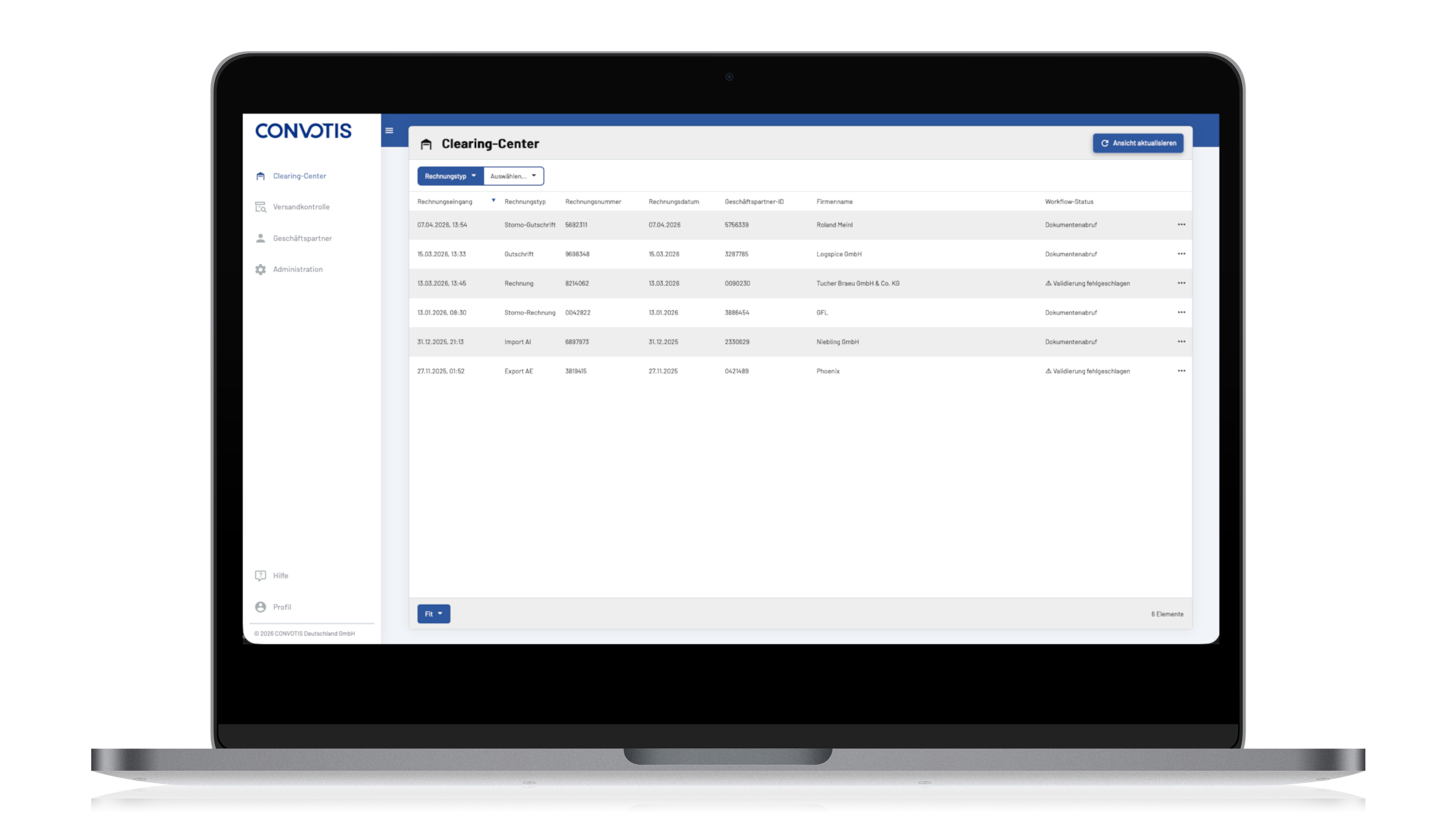 Laptop displaying a financial clearing center interface with a list of transactions and document statuses.