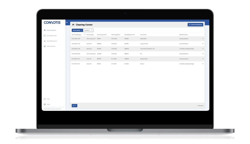 Laptop displaying a financial clearing center interface with a list of transactions and document statuses.