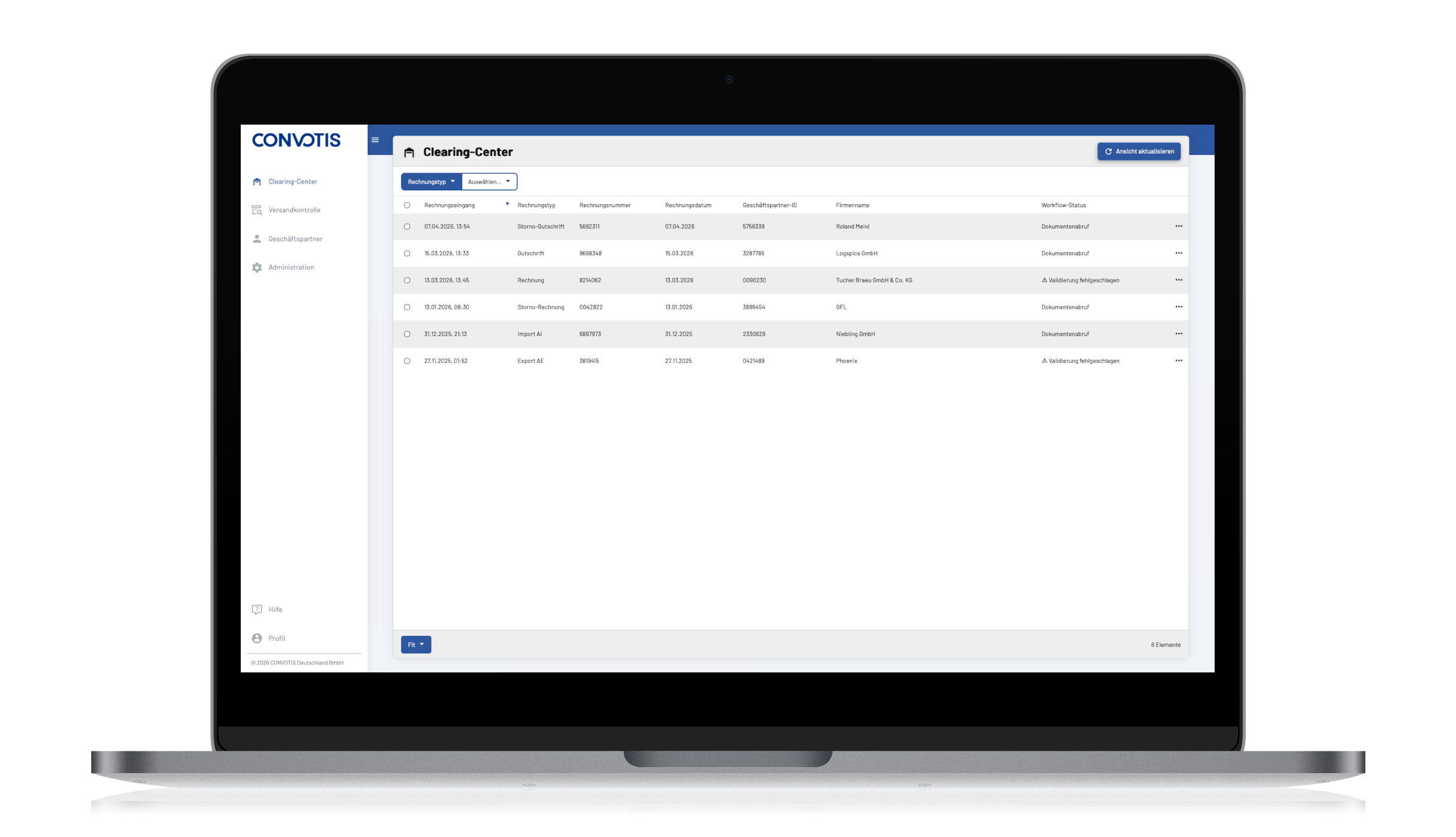 Laptop screen displaying Convotis Clearing Center software interface with a table of financial documents and options for updating the view.