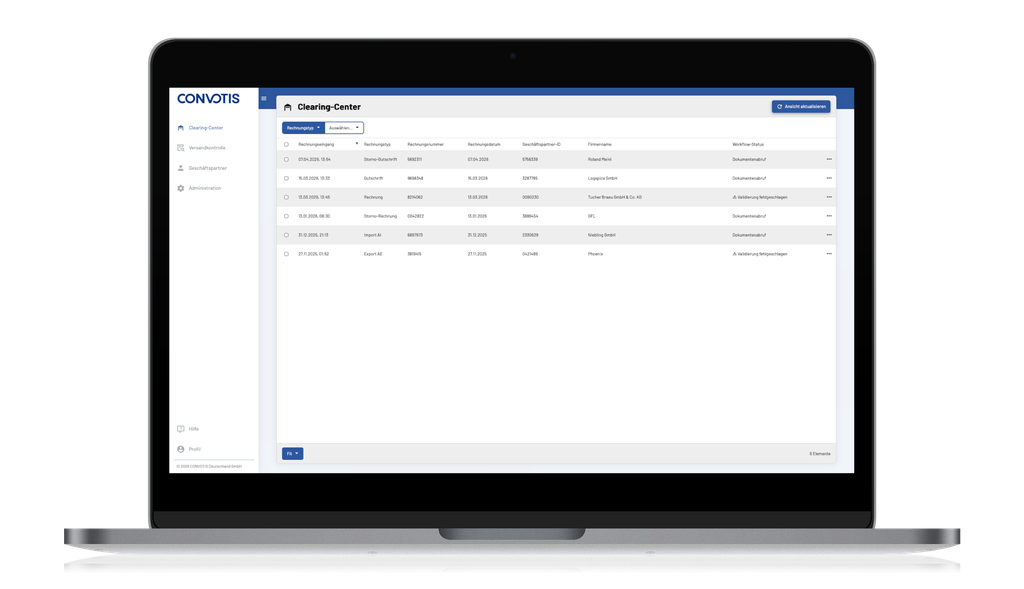 Laptop screen displaying Convotis Clearing Center software interface with a table of financial documents and options for updating the view.